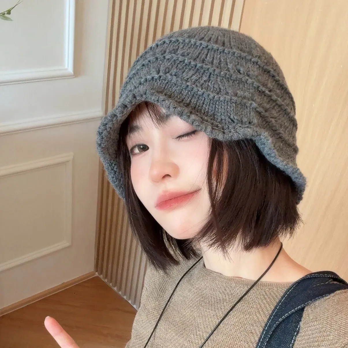 Women Winter Knitted Hat Wave Pattern Warm Fisherman Cap Autumn Fuzzy Plush Bucket Hat Casual Soft Stretchy Outdoor Beanie