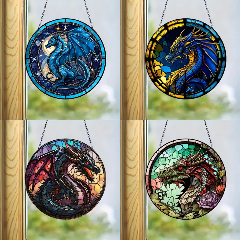 Dragon Printed Acrylic Window Suncatcher Faux Stained Glass Plate Hanging Home Wall Decor Round Hanging Pendant Doorway Ornament