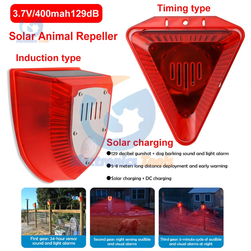 Solar Animal Repeller Sound Light Alarm Lamp Solar Powered Waterproof Timer Animal Deterrents Deterrent Dog/Cat/Bird 3.7V 129dB