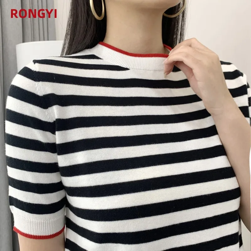 RONGYI Summer Women\'s O-Neck Striped 100% Cotton Short Sleeve T-Shirt With Loose Pullover Casual Knit Top High Quality 5 Sizes