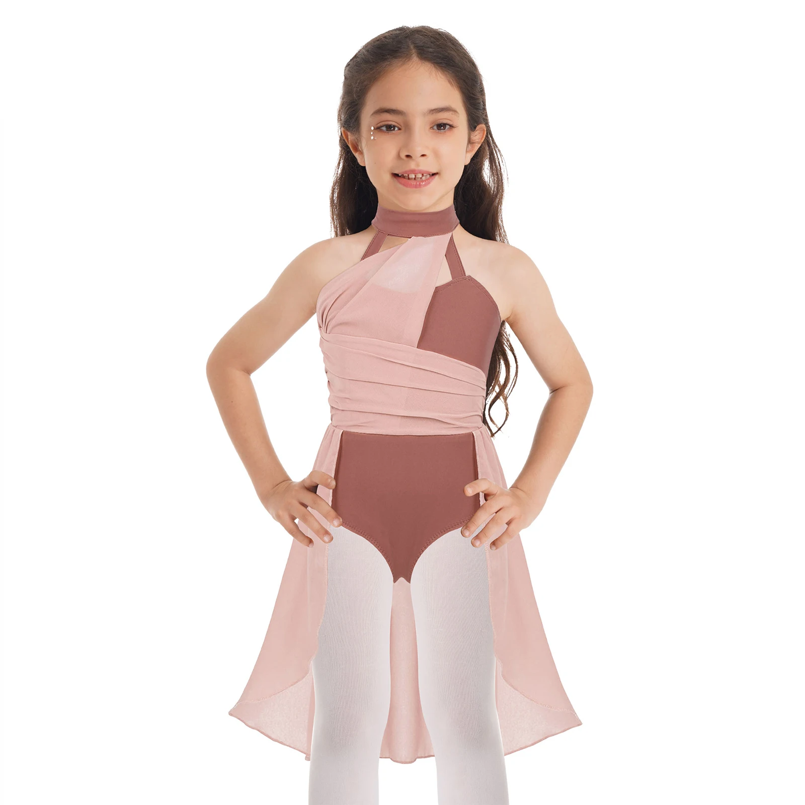 Ballet Dance Leotard Dress for Kids Girls Chiffon Sleeveless Ruched Bodice Dress Lyrical Contemporary Modern Dancewear Summer