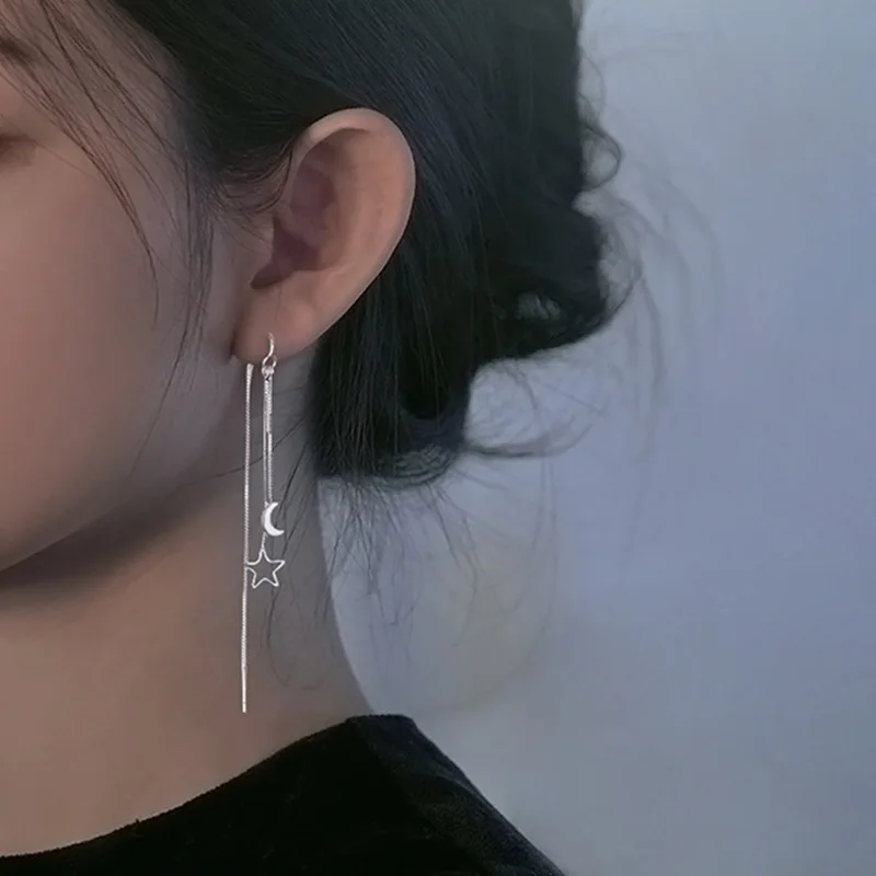 New Silver Star Moon Earrings Women's Tassels Simple Long Cut Out Temperament Earrings Fashion Jewelry Accessories