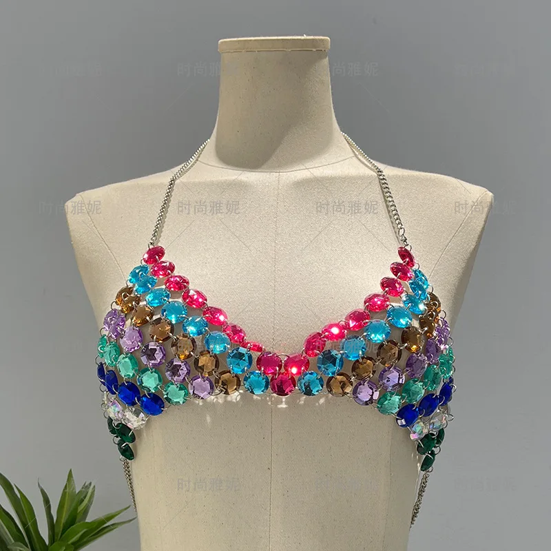 

Sexy Colorful Acrylic Beaded Chic Women's Lingerie Body Chain Top Water Drop Fishnet Crystal Shiny Chest Bra Bikini Vest Jewelry