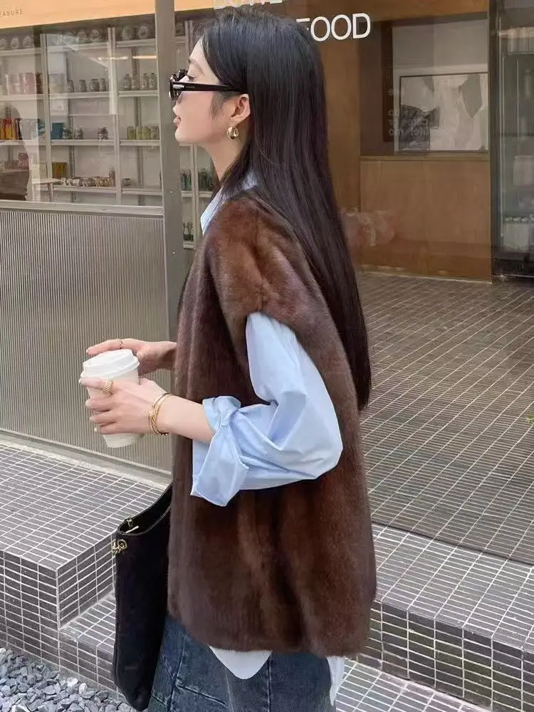 2025 outono e inverno feminino pele do falso recortado colete sem mangas feminino outerwear chique topos moda colete de pele quente