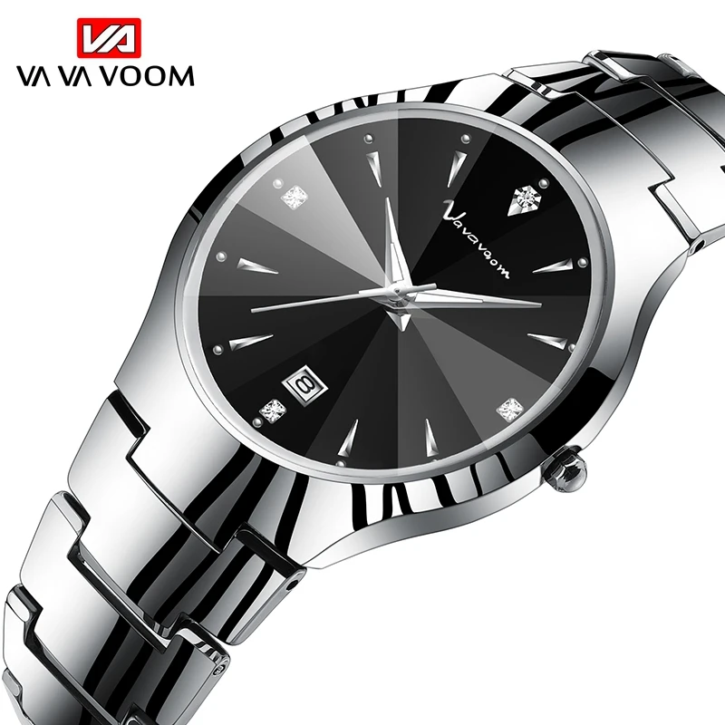 VA VA VOOM Women\'s Tungsten Steel Watch Silver Black Rhinestone Cut Mirror Face Casual Fashion Watch Travel Jewelry Wristwatches