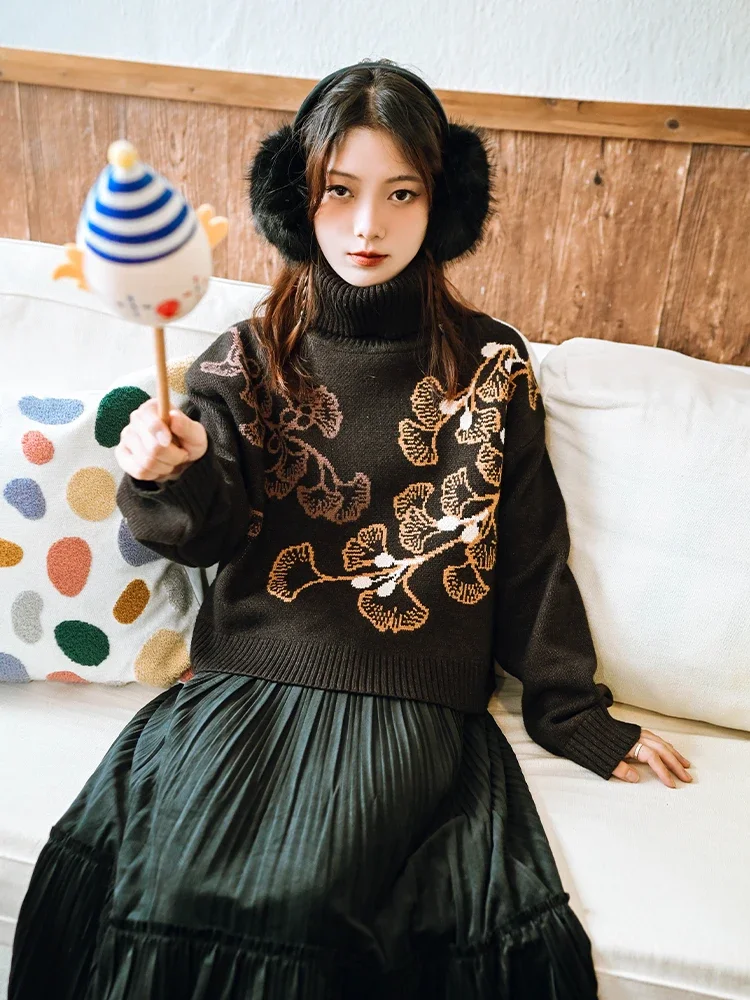 Sweater Autumn And Winter 2024 New Women's Turtleneck National Style Loose Knitwear Pullover Short Top Y2k Kawaii Jumpers Female