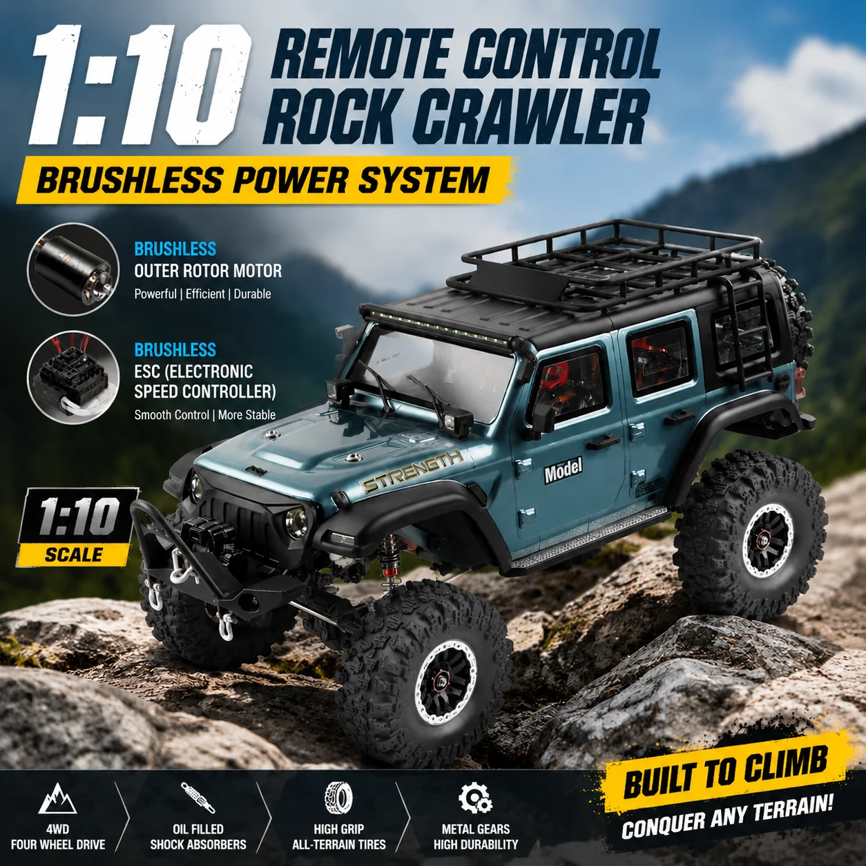 WLtoys 104006 Pro 1/10 Brushless 25KM/H RC Electric 4WD Off Road Rock Crawler With Front Rear Differential Lock Rubber Tires LED