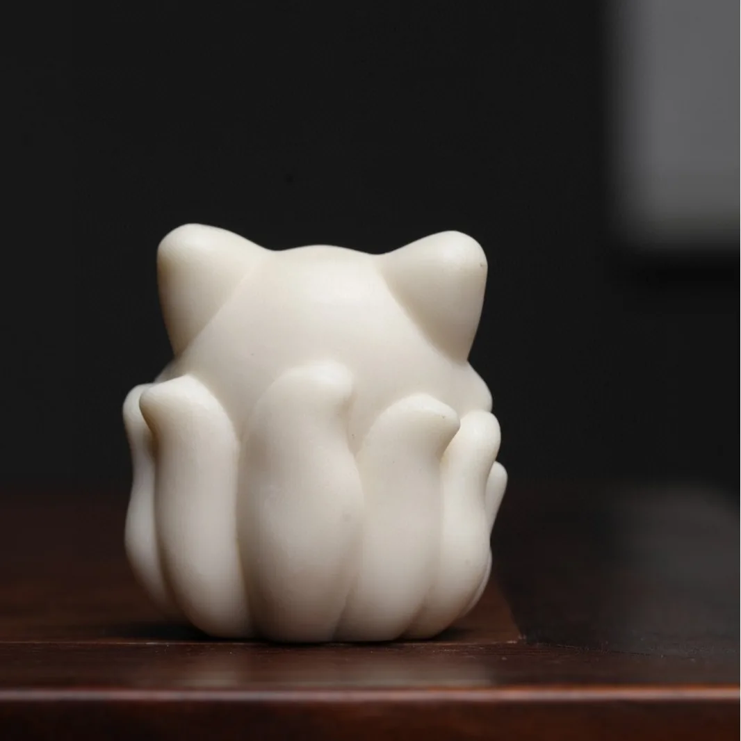 Natural Tagua Nut Carved Nine‑Tailed Fox Statue Mini Tea Pet Ornament For Office Desktop Vehicle Collectible Craft Gift