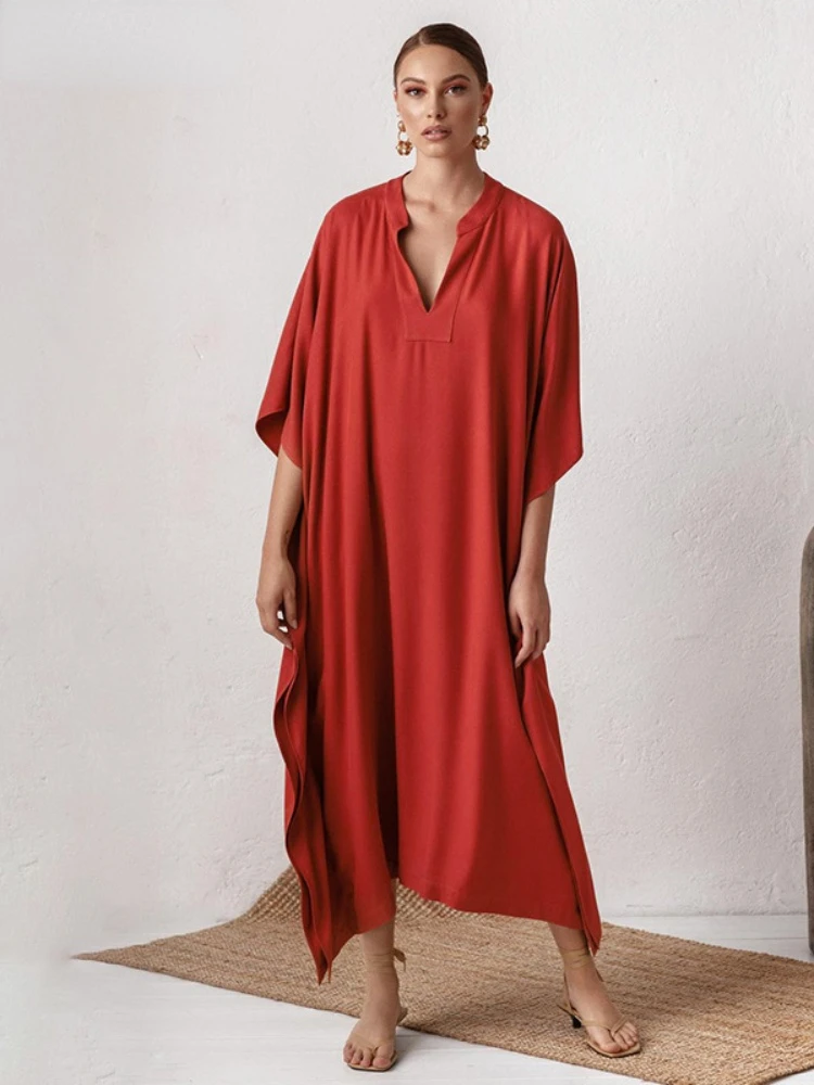 Loose Beachwear Bathing Suit Swimwear Swimsuit Cover Up Women Kaftan Beach Tunic Solid V Neck Elegant Summer Long Dress