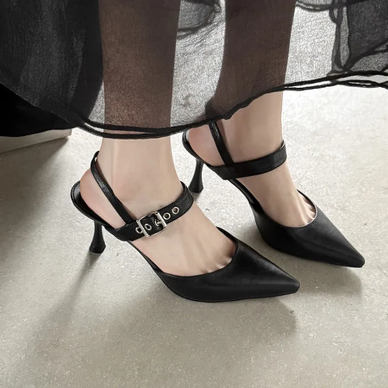 Sharp Toe Ankle Strap Slingback Heels Flared Heel Vintage Brown Graceful Lady Business Work Dress Evening Heeled Sandals F68