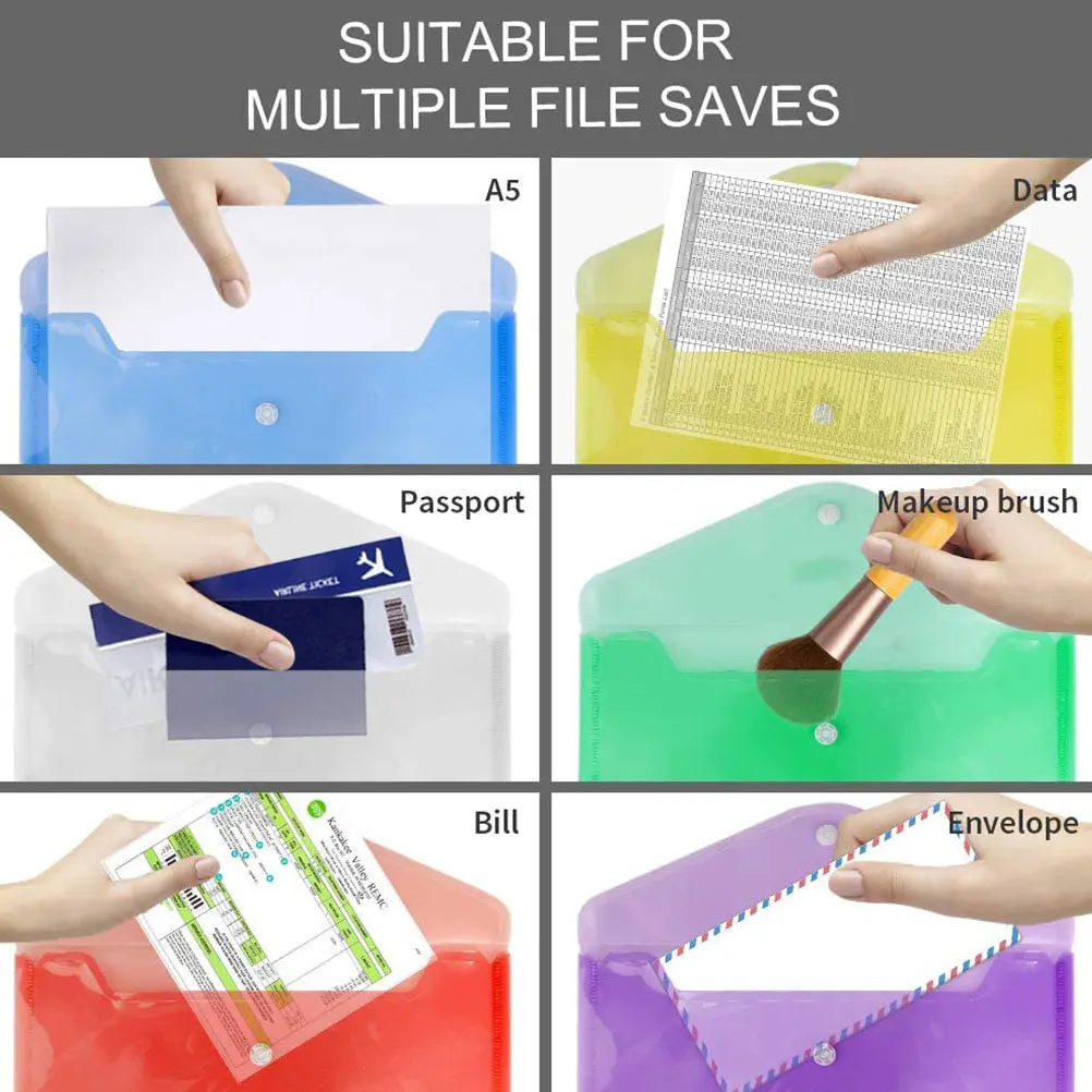 

12Pcs A4 Document Folder Colorful Transparent File Storage Bag Plastic Pouch Office Document Organizer File Holder