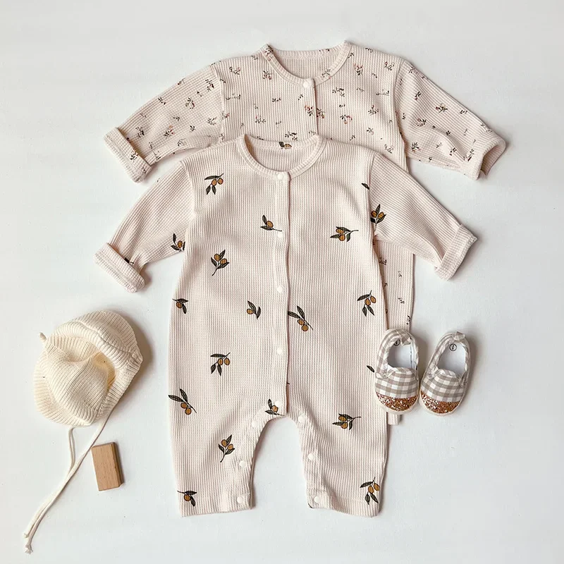 Infant Spring Autumn Costume Girl Baby Waffle Cardigan Floral Print Long Sleeve Jumpsuit Toddler Boy Cotton Lemon Fashion Onesie