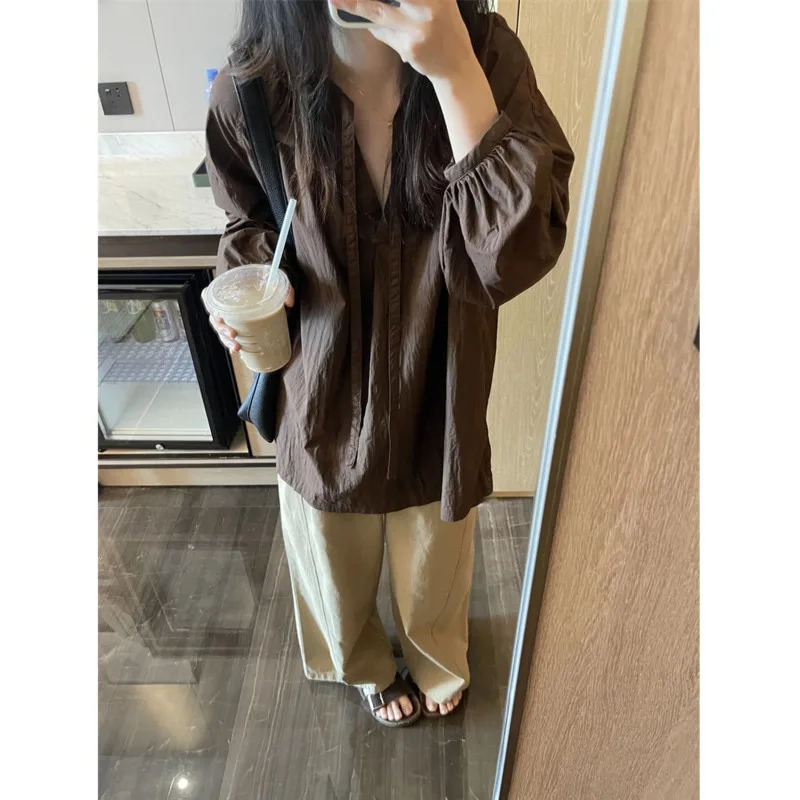 

Autumn Ribbon Lantern Sleeve Blouse Women V-neck Raglan Sleeve Loose Vintage Shirt Tops