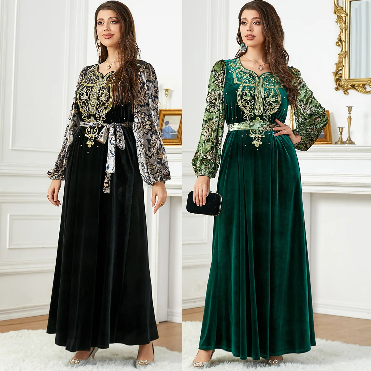 3787 Muslim Robe Autumn/Winter Velvet Spliced Beaded Women's Dress Elegant Long Dress