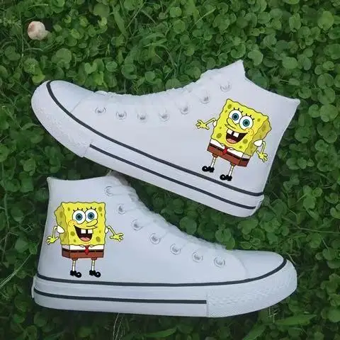 

drop shipping r‌eal pictures 2025 new autumn SquarePants cartoon high plus size white black women girls board shoes man flats