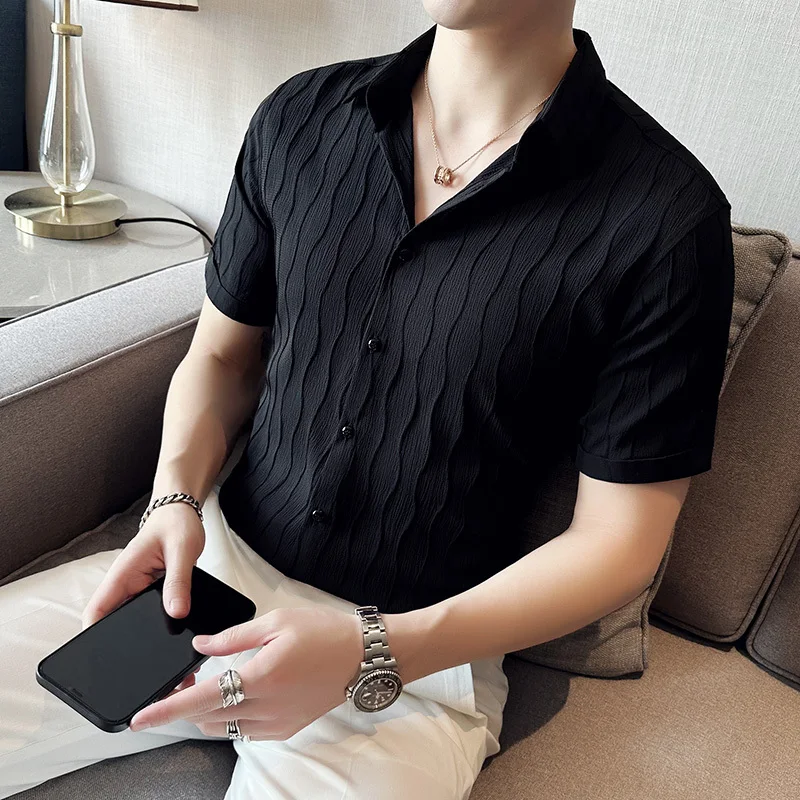 

Men's Summer Casual Shirt Wave Print Design Short Sleeve Slim Fit Fashion Top Korean Style Half Sleeve