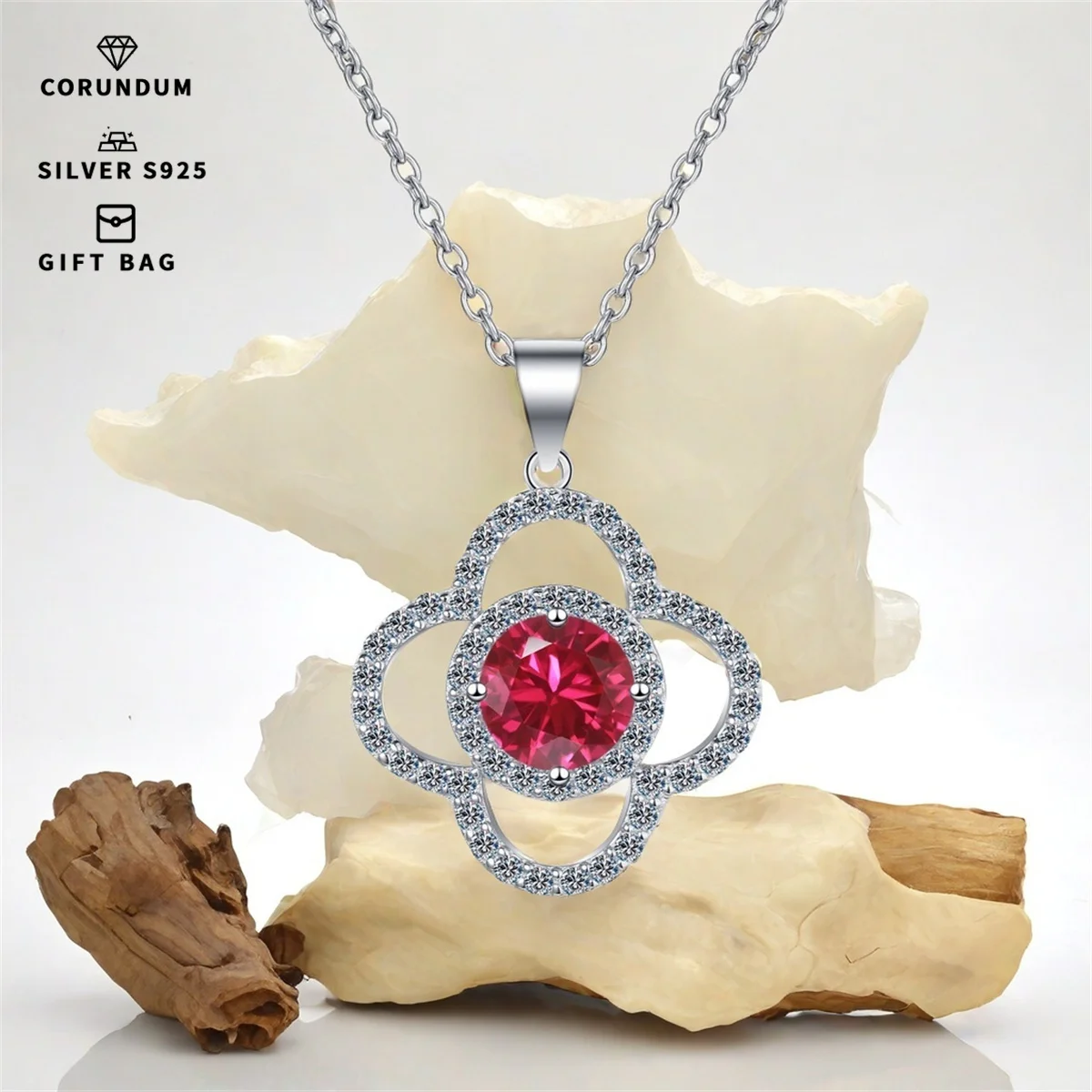 

S925 silver Platinum plating inlaid with red corundum Four-Leaf Clover round pendant,clavicle chain necklace women fine jewelry