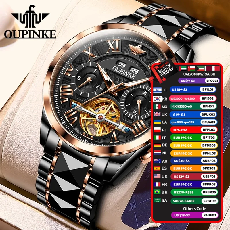 OUPINKE 3236 Tourbillon Multifunctional Luxury Mens Automatic Mechanical Wrist Watch For man Tungsten Steel Strap Waterproof