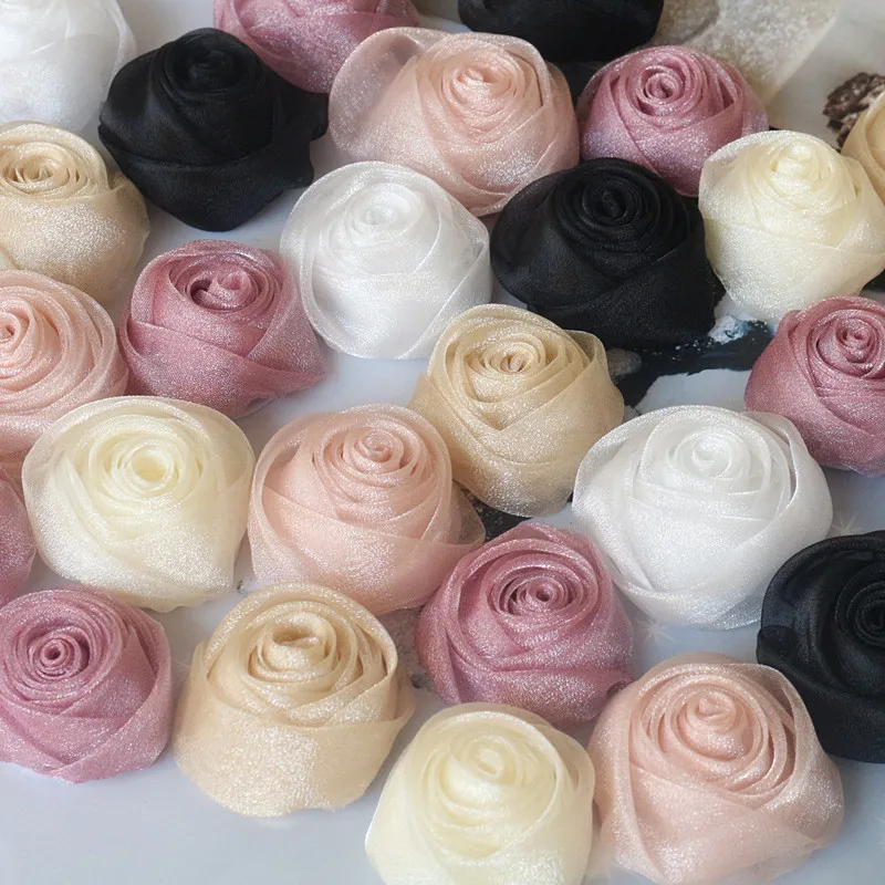 5PCS 6.5CM/4.5CM Handmade Organza Chiffon Fabric DIY Rose Flower Headwear Hat Dress Clothes Decoration Hair Accessories