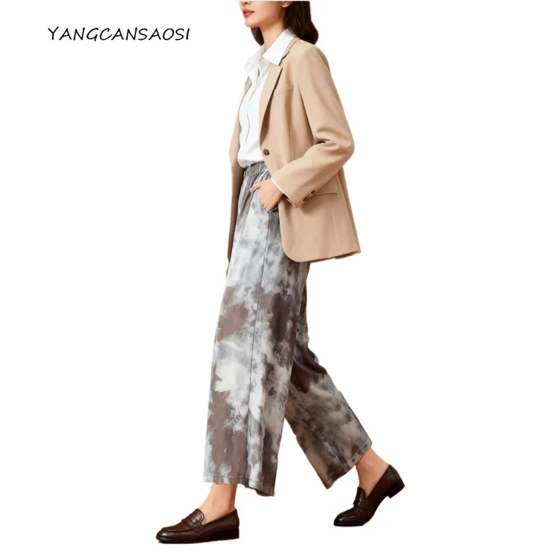 

Women's Casual Summer Clothing Denim Style 100% Natural Mulberry Silk 03 Crepe De Chine Versatile Casual Print Wide Leg Pants