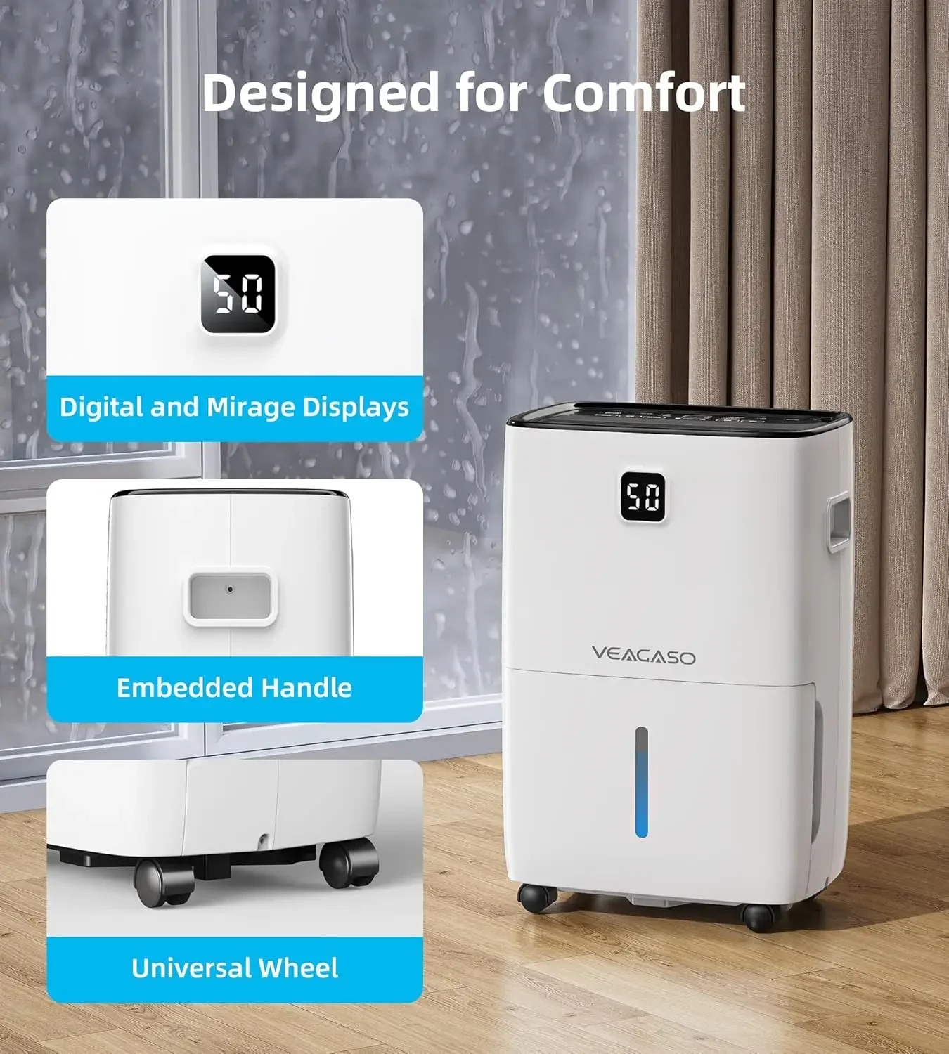 para sótano con manguera de drenaje, deshumidificadores VEAGASO de 80 pintas para el hogar, habitación grande, baño con tanque de agua, humedad inteligente