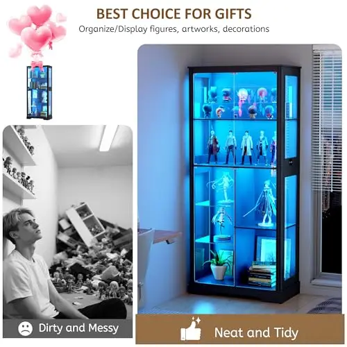 71” Glass Display Cabinet with RGB Light for Collectibles - Black | 4mm Tempered Glass Doors, 7-Tiers Large Storage view 6