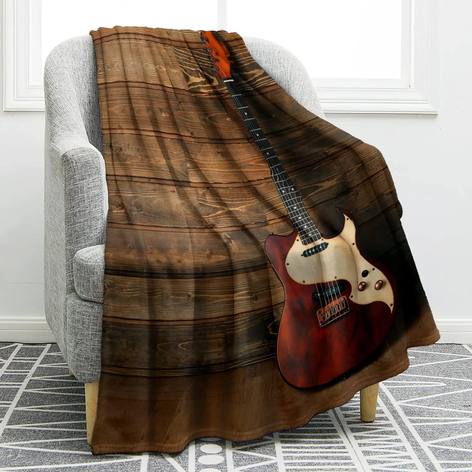 Music guitar gift blanket, music guitar gift adult and children's guitar technique blue velvet blanket, Christmas and birthday