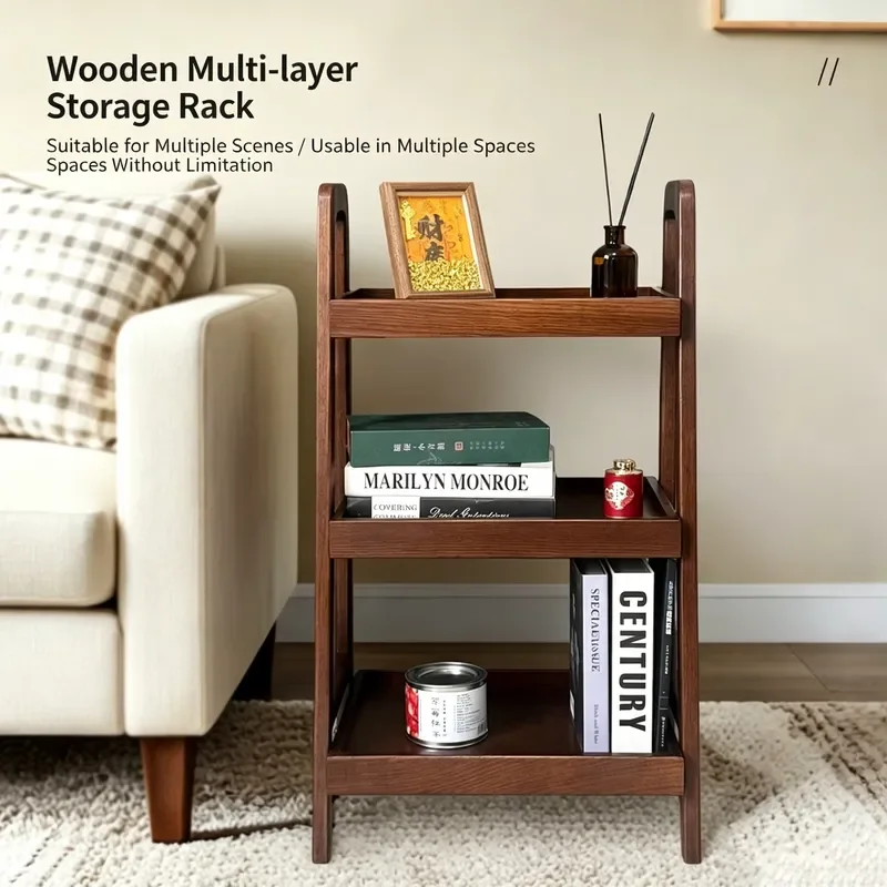Modern Wooden Three Tier Trapezoidal Shelf Eco Friendly Floor Standing Bookcase For Living Room Decorative Display Storage