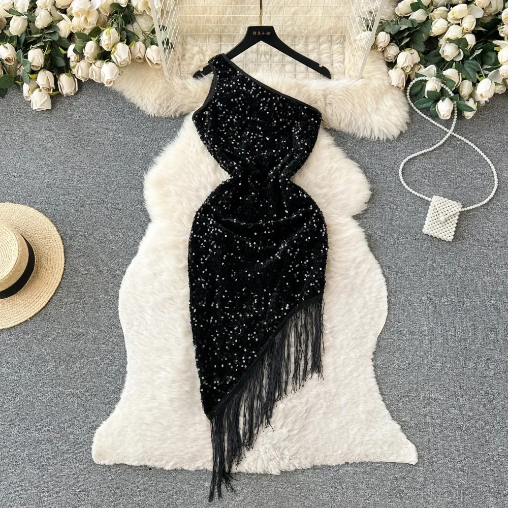 Elegancka elegancka asymetryczny podział sukienka z francuskim ukośnym kołnierzem frędzle wieczorowa impreza Vestidos kobiety uroczyste modne sukienka typu Wrap