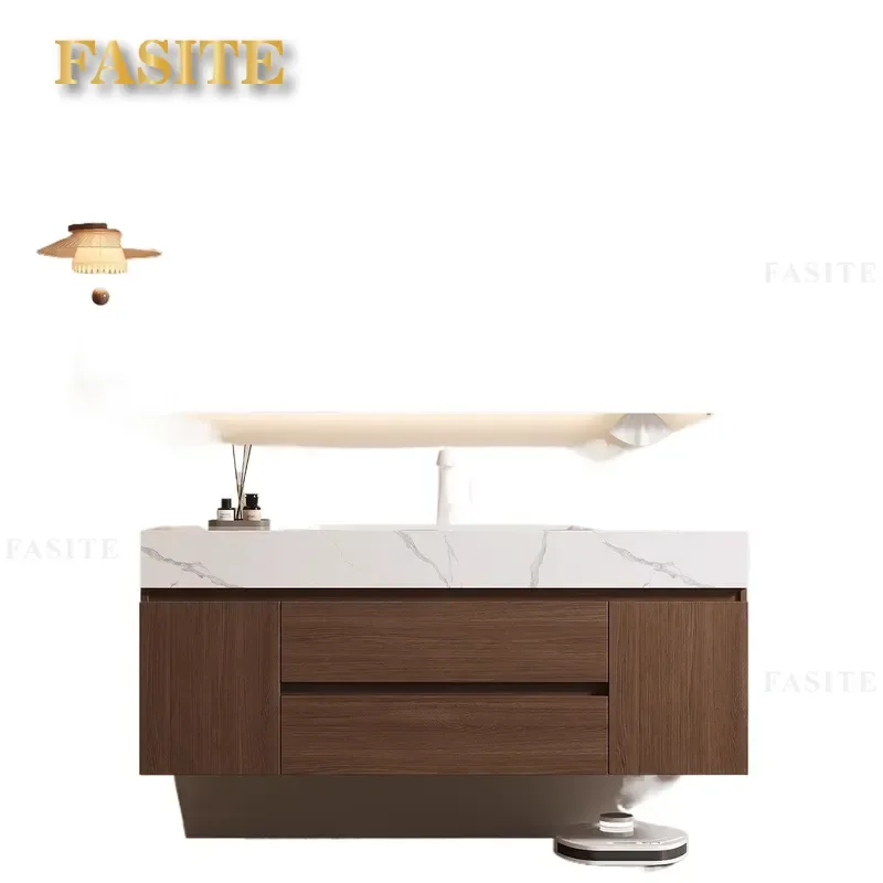 For Walnut Bathroom Cabinet Combination Rock Slab Seamless Integrated Ceramic Washbasin Antique Style Hand Wash Basin Vanity