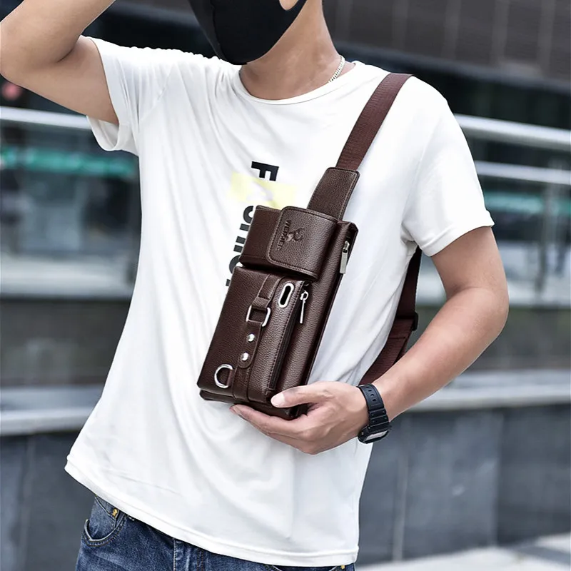 Casual Men\'s Leather Chest Bag Multifunctional Crossbody Messenger Bag For Men Luxury Waist Pack Waterproof Waist Phone Bag