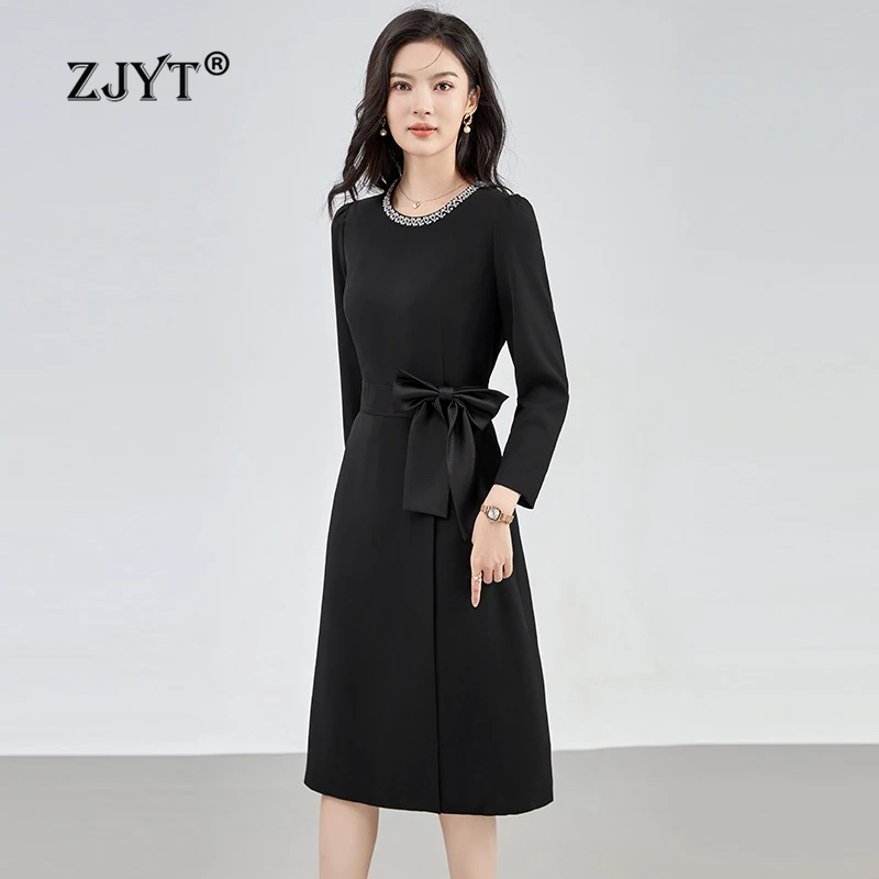 

ZJYT Autumn New 2024 Elegant Long Sleeve Dresses for Women Diamonds O Neck Bowknot Simple Black Office Party Dress Vestidos Robe