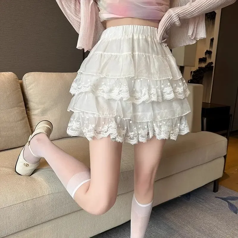 Falda acampanada en capas con volantes de encaje Fairycore para mujer, moda japonesa, estilo de Ballet dulce, cintura alta, combina con todo, Y2k, verano