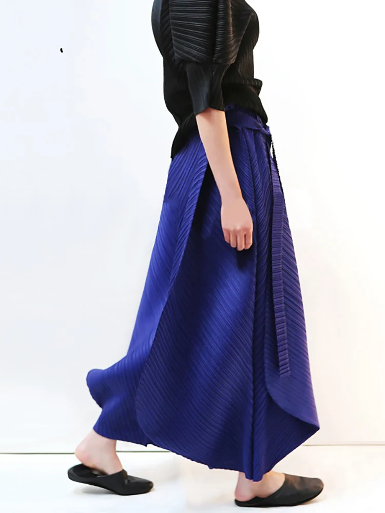 Miyake Pleated Harem Pants With Belt Women Summer New Designer Vintage Casual Big Size Wide Leg Pants Women Trousers