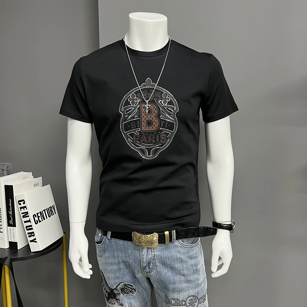 Homens diamante carta escudo impressão t-shirt, camiseta masculina, alta qualidade, roupas de algodão mercerizado, moda verão, novo, quente