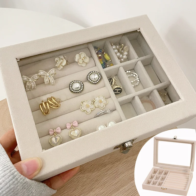 New Dustproof Flip Jewelry Display Tray Velvet Jewelry Storage Box Pallet Ring Earrings Desktop Storage Manager Organizer Casket