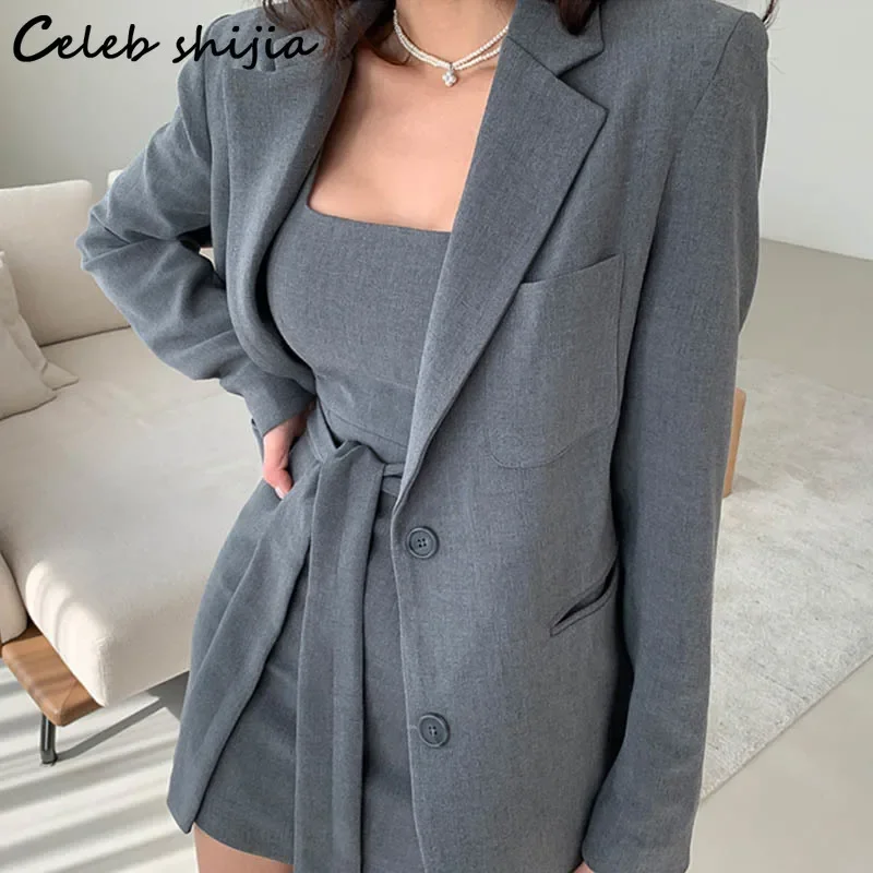 

Chic Gray Blazer and Sleeveless Dress Women Dress Suits Summer Runway Design Korean Business Work Blazer Dress