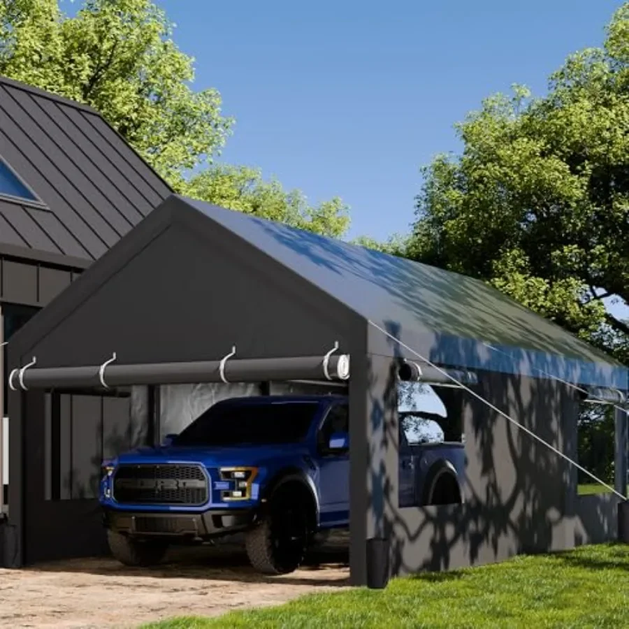 Carport for outdoor vehicle storage, heavy-duty steel grey carport with roll-up windows, removable sidewalls and doors, include