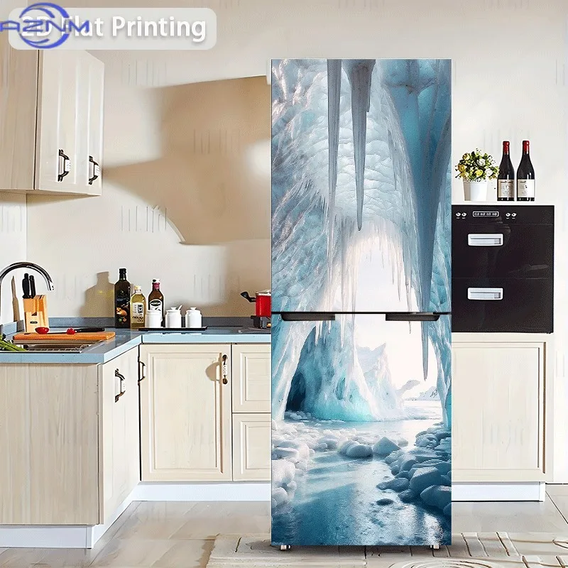 1pc 2D Pattern Printed Refrigerator Sticker 60X180Cm Ice Cave Glacier Wall Sticker Wall Sticker Decoration Wallpaper Self-Adhe