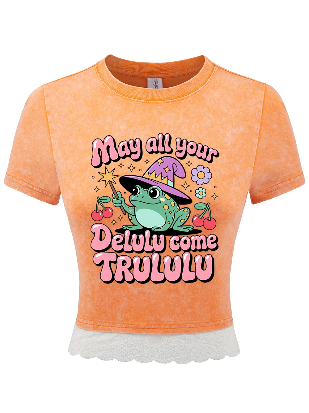 

Cartoons Frog Printing Cotton Washed T-Shirts Womens Summer All-Math Lace Hem Crop Tops Regular Fit O-Neck Tees Sexy Clothes