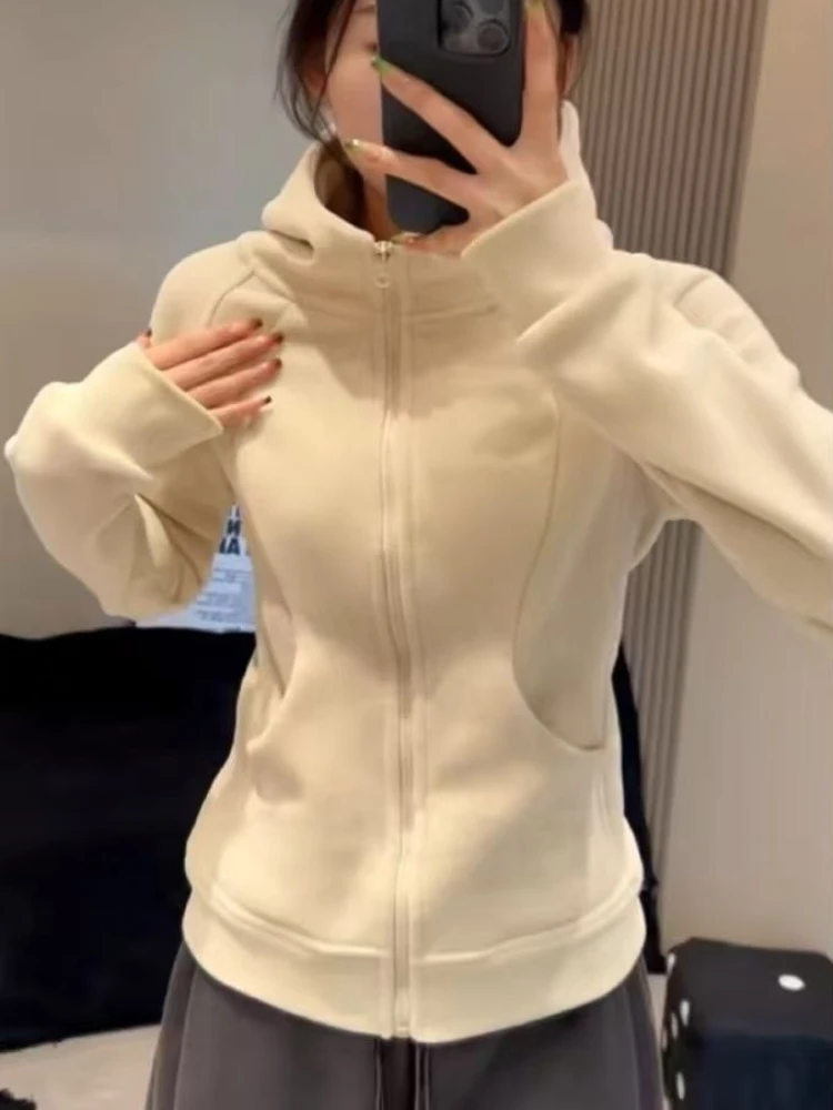 Ciemnoszara bluza z kapturem na zamek błyskawiczny w stylu amerykańskim, damska, jesienno-zimowa, sportowa, codzienna odzież uliczna, dopasowany krój, nowa kurtka/top.