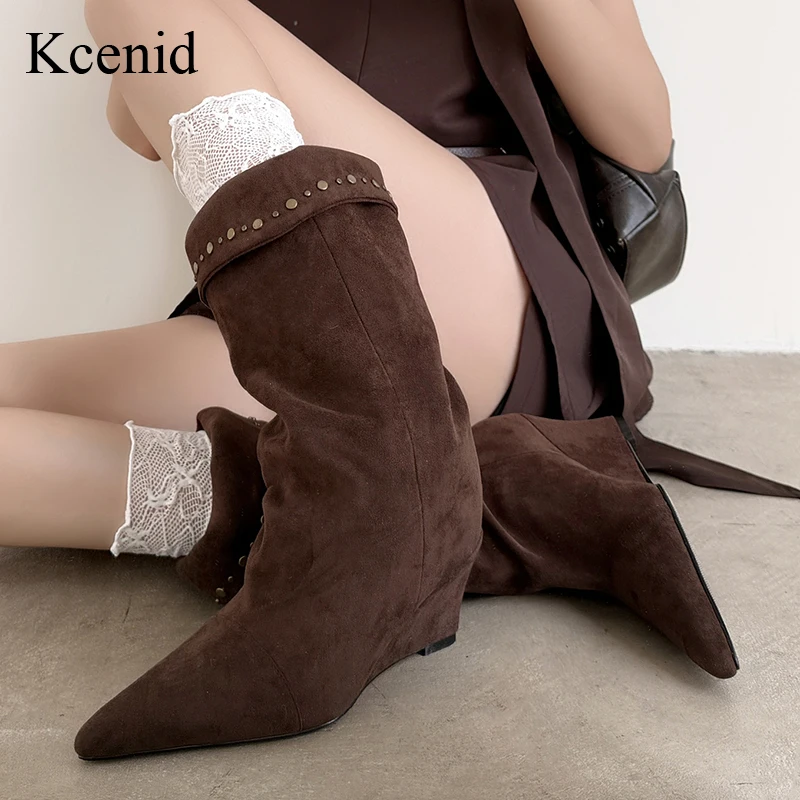 

Kcenid Women's Pointed Toe Slip-On Mid-Calf Boots 7CM Wedge Heel Fashion Rivets Folded Design Autumn Winter Female Shoes