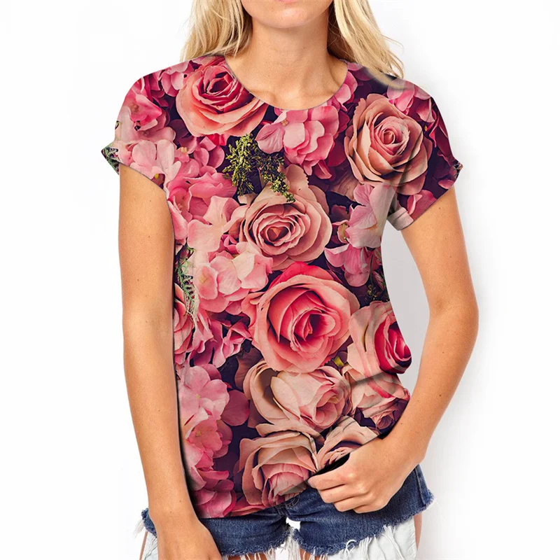3D Rose Flower Print T Shirt Summer Short Sleeve Top Fashion Floral Graphic Harajuku T-shirts For Women Clothes Tee Shirts Girls