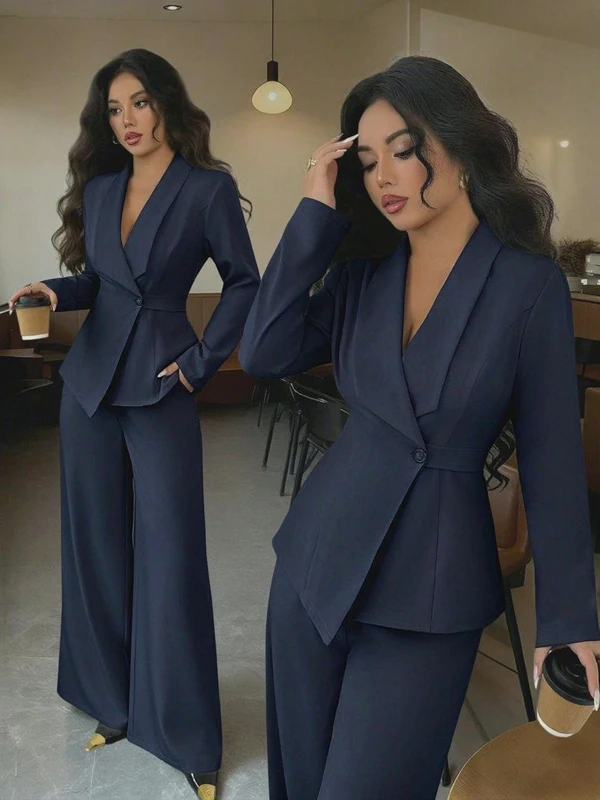 Damen-Wickelblazer-Anzug, zweiteiliges Set, mit Gürtel, V-Ausschnitt, langärmelige Jacke, Hose mit weitem Bein, schmal geschnitten, elegant, formell, für Büro und Partys. – Detail 14
