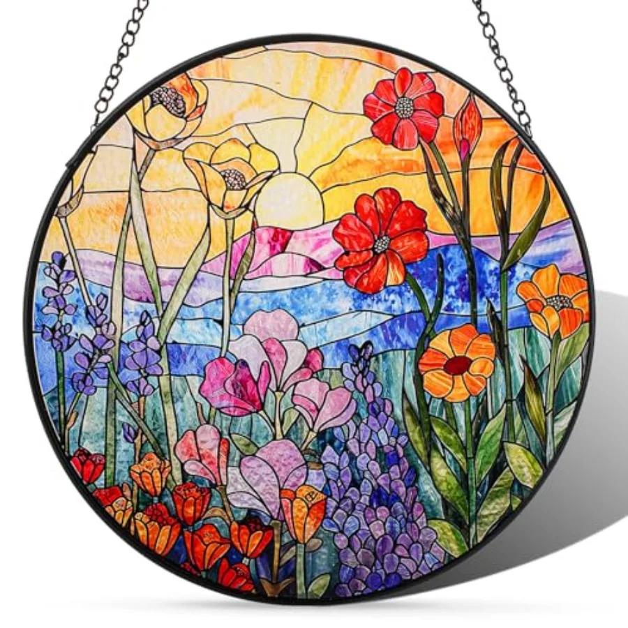 Stained Glass Window Hanging, Large Rainbow Maker Sun Catcher Kit, Flowers Plant Garden Suncatcher with Chain and Suction Cup H