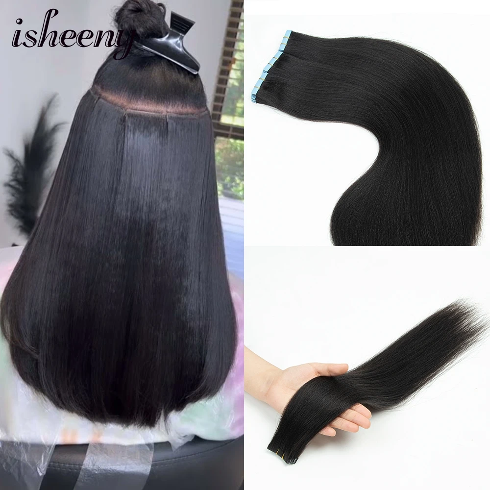 Isheeny Invisible Tape Hair Extensions Light Yaki 12"-24" Ingection Tape In Human Hair Natural Color 1B Real Virgin Hair 20pcs