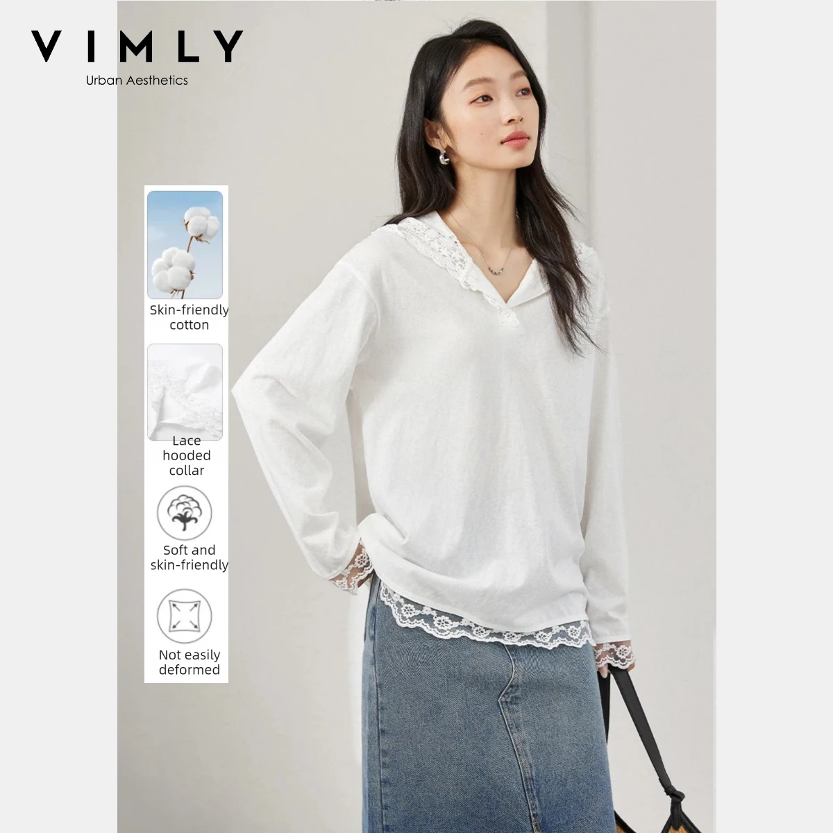 

Женская белая футболка с длинным рукавом Vimly, осень 202, кружевные футболки с капюшоном и заниженными плечами, свободные футболки, шикарные женские топы A0665