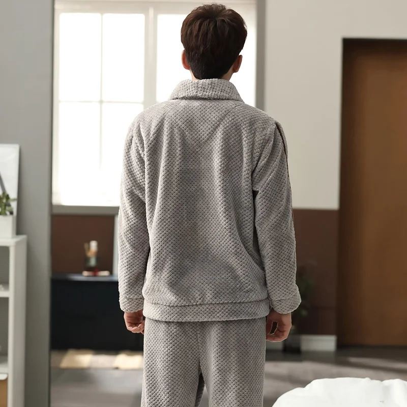 Plus Size M-4XL Men Pajamas Set Winter Thicken Warm Flannel Pyjama Male Long Sleeve Turn-down Collar Sleepwear