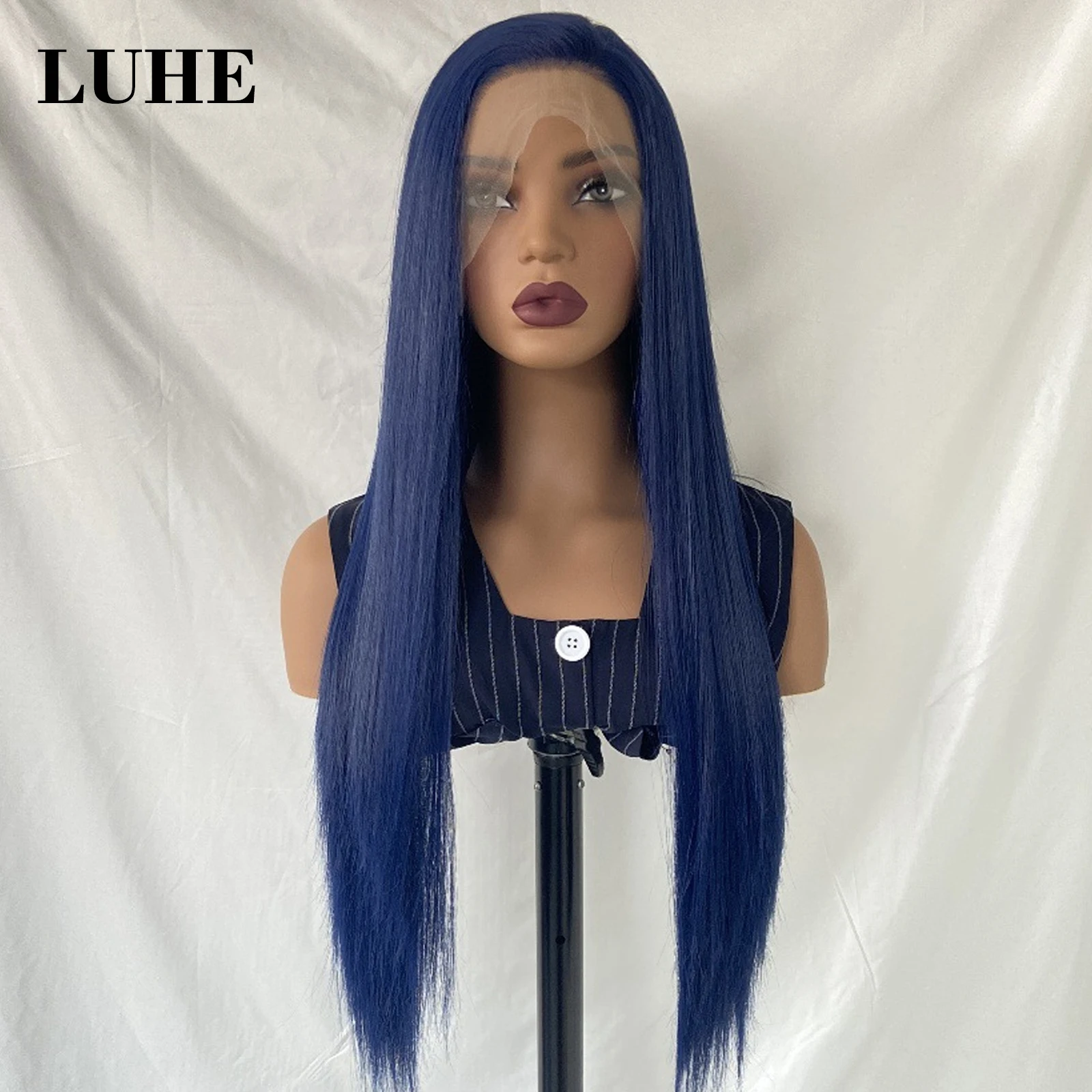 Blue Colored 13x3 Synthetic Hair Lace Front Wigs for Black Women 26Inch Long Straight Heat Resistant Fiber Hair Lace Frontal Wig