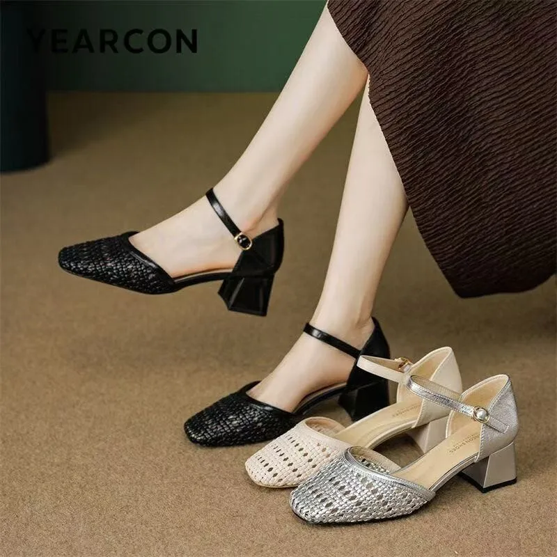 Fashion Woven Hollow Chunky Root Sandals for Women Comfort Round Toe Buckle Summer Heels Elegant Office Brand Formal Shoes Pumps view 2